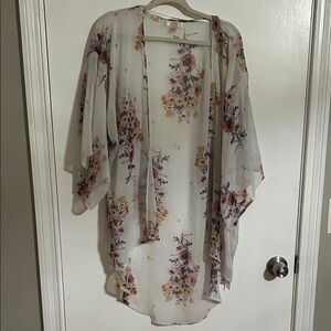 Sheer Floral Kimono Cardigan - Cream with Pink & Yellow Blooms